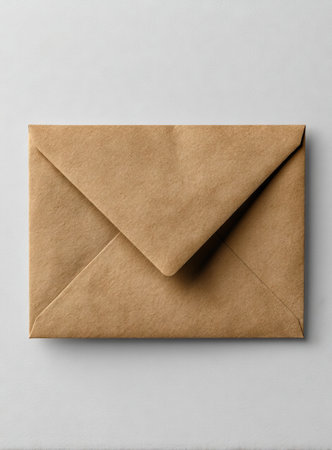 This image features a brown paper envelope, centrally positioned against a plain, light-colored backdrop. The object showcases folded paper construction with visible texture and shadow. The composition is simple, suggesting commercial applications such as marketing, communication or stationary.の素材