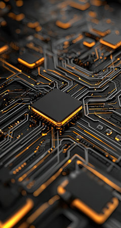 This image displays a close-up view of a computer circuit board featuring a central processor unit. The composition reveals intricate pathways and components, highlighted by gold and black tones. The lighting creates a sense of depth, suggesting technological advancements. Ideal for illustrating concepts in technology, science, and digital innovation, suitable for various applications.の素材