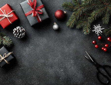 An overhead shot presents Christmas gifts, ornaments, and evergreen branches against a textured dark surface. The composition includes red and black wrapped presents, festive baubles, and natural elements. This arrangement suggests a seasonal theme, potentially suitable for holiday-themed advertising or editorial content.の素材