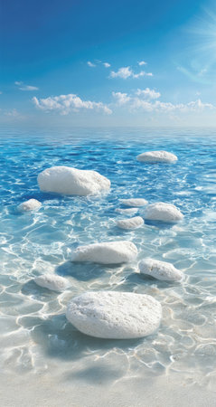 This image showcases clear, turquoise water with white stones beneath the surface. The sky is bright blue, with soft clouds, creating a vibrant, inviting scene. The overall style is realistic with natural lighting, suitable for various commercial applications, including travel or environmental themes.の素材