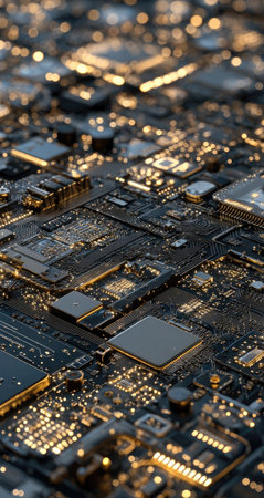 This image showcases a close-up of a circuit board illuminated with golden-yellow lights. The detailed composition reveals an intricate network of components, with a dark, metallic texture. The overall style suggests a technological or futuristic theme, which could be suitable for various commercial and editorial projects.の素材