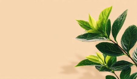 A close-up view displays a branch adorned with fresh, green leaves against a pale background. The leaves show a range of green shades, with variations in texture and form. The composition suggests natural growth, potentially useful in environmental, decorative, or design applications. The soft lighting contributes to a calm atmosphere.の素材