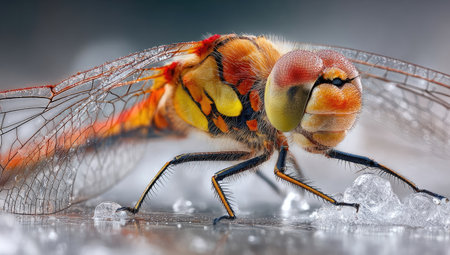 This macro photograph showcases a dragonfly with vivid orange, yellow, and red hues. The insect's delicate wings are transparent, revealing intricate vein patterns, and it is positioned among small water droplets. The image exhibits a shallow depth of field, emphasizing the dragonfly. This photograph could be used for various editorial and design projects.の素材