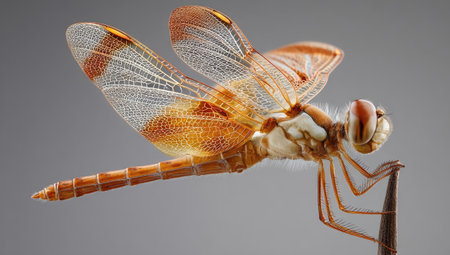 This image showcases a detailed view of a dragonfly with intricate wing patterns and a striking color palette of orange and white. The macro photography highlights the insect's texture and structure. Suitable for various design projects, including educational resources and illustrative purposes. The dragonfly is set against a plain background.の素材