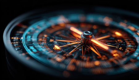 This image showcases a close-up view of a compass, featuring vibrant orange and blue hues against a deep black backdrop. The compass needle points directionally, creating a sense of focus. The composition has a depth of field, highlighting the instrument. Its striking visual qualities make it suitable for various commercial and editorial applications.の素材