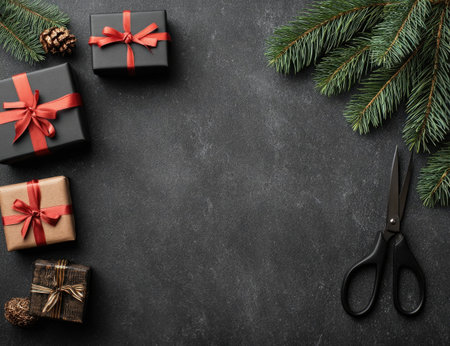 An overhead shot showcases Christmas presents with ribbons and a pine tree branch. The gifts vary in color and size, set on a dark background. The arrangement includes scissors and pine cones alongside the seasonal greenery. Suitable for festive projects and visual content.の素材