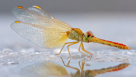 This detailed photograph showcases a dragonfly in exquisite detail, highlighting its delicate wings and segmented body. The image uses a shallow depth of field, emphasizing the insect against a soft background. The subject is bathed in natural light, revealing subtle color gradients and textures. Suitable for illustrating biodiversity, nature, or scientific articles.の素材
