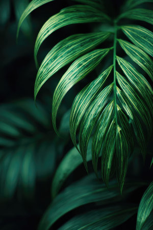 This image showcases the detailed texture and varying shades of green of large palm leaves. The leaves display a combination of light and dark green patterns against a soft, blurred background. The composition suggests an indoor setting, with strong natural lighting. This image could be suitable for various commercial or editorial applications.の素材