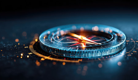 A detailed image features a compass against a dark background, highlighting directional guidance. The compass exhibits metallic elements, while the background incorporates a gradient of dark shades with subtle illumination. This composition could be used for various purposes such as articles related to navigation or business decision making.の素材