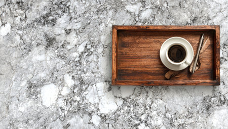 A cup of coffee sits on a wooden tray with utensils, placed upon a textured marble surface. The overhead composition features warm wood tones against a cool gray and white backdrop. This image could be suitable for various commercial uses, including advertising and editorial content.の素材