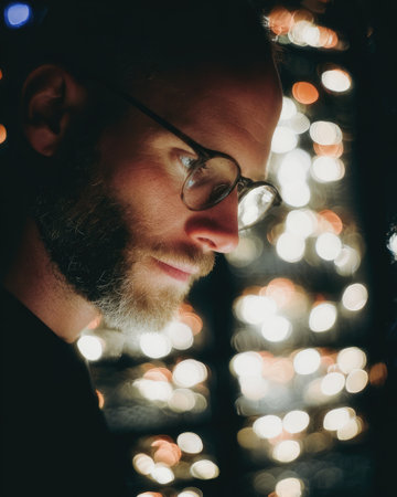 This image presents a close-up portrait of a person with glasses, set against a backdrop of blurred, circular lights. The composition is intimate, with a shallow depth of field, emphasizing the subject's face. The lighting is soft and warm, suggesting an indoor setting. This image is suitable for various commercial uses.の素材