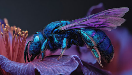 A striking image captures a blue bee, possibly a mason or carpenter bee, perched on a purple flower. The close-up showcases iridescent wings and a detailed body. The scene is bathed in soft sunlight, highlighting the textures of the bee and flower. This image could be used for various commercial and editorial applications.の素材