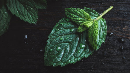 A close-up captures a fresh mint leaf, showcasing intricate details. The vibrant green hue contrasts with a dark, textured background. Water droplets cling to the leaf's surface. This image could be used for culinary, health, or nature-related projects.の素材
