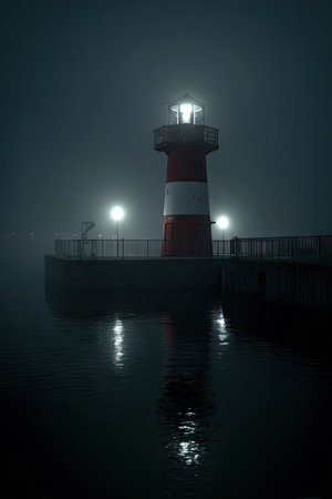 A tall lighthouse stands tall on a stone pier, its red and white striped structure reflecting in the dark water below. The scene is enveloped by thick fog, and the illuminated lamp and surrounding lights create a dramatic atmosphere. This image is suitable for various commercial uses, including website design and stock photography.の素材