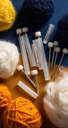 This image presents various colored yarn balls alongside several knitting needles. The composition displays soft textures and a warm color palette including shades of yellow, orange, and white. The setup suggests a crafting environment illuminated with natural light, suitable for illustrating DIY projects or creative concepts.の素材