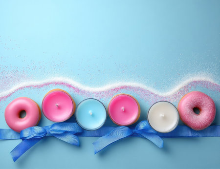 A top-down composition presents assorted candles and donuts aligned on a light blue background. The objects are arranged with a ribbon underneath. The scene uses pink and blue hues with a soft aesthetic, highlighting the textured elements. This image is suitable for use in advertising, presentations, and design projects.の素材