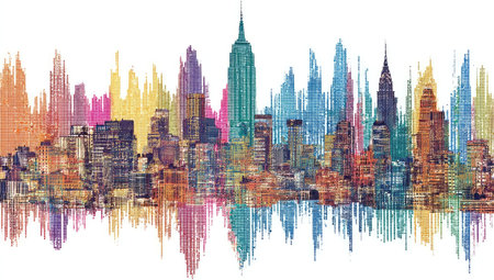 An abstract illustration presents a cityscape with colorful vertical graphic elements layered to depict skyscrapers. The image features a vibrant palette of various colors. The art style suggests a modern interpretation that could be suitable for editorial or commercial applications. The composition uses symmetry against a white background.の素材