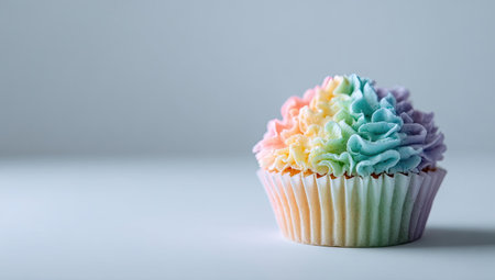 A single cupcake is centered, showcasing vibrant rainbow-colored frosting atop a paper cup. The dessert displays soft pastel hues with delicate textures. The lighting appears soft and diffused against a plain background, suggesting an indoor studio. This image could be used for various commercial or editorial needs.の素材
