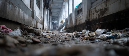 An interior shot captures a deteriorated corridor, littered with debris and refuse. The composition uses a low-angle perspective, emphasizing the grunge aesthetic. The color palette is dominated by muted grays and browns, suggestive of neglect. The image may be suitable for illustrating themes of urban decay or environmental issues.の素材