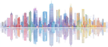 This image features a vibrant, abstracted cityscape illustration. The composition showcases a skyline of diverse buildings in a range of pastel colors, with mirrored reflections below. The artwork employs a watercolor style, suggesting a soft, artistic aesthetic. Suitable for various design projects, it is applicable for backgrounds, posters, or digital art.の素材