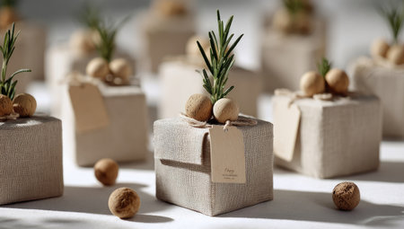 The image showcases several gift boxes, each wrapped in neutral-toned paper and adorned with sprigs of rosemary and small round objects. The composition features soft lighting and a shallow depth of field, emphasizing the foreground boxes. These elements create a visually appealing presentation suitable for events or promotional content.の素材