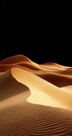 This image features expansive sand dunes in the desert, sculpted by wind. The scene displays warm, golden tones contrasted against a dark sky. The textures of the sand create rhythmic patterns, while the lighting emphasizes the landscape's contours. Suitable for various editorial and commercial applications.の素材
