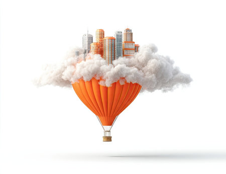An illustration depicts a cityscape perched atop a cloud formation which rests on an orange hot air balloon. The visual features varied architectural styles against a white backdrop, employing a bright, clean style. The composition uses symmetry, with focused lighting. This image is applicable for advertising, design projects, and visual communication materials.の素材