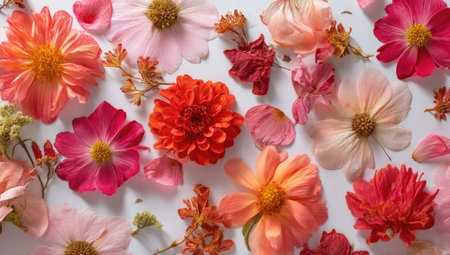 An overhead shot presents a diverse floral arrangement featuring various flower types and petals in vibrant colors. The composition includes multiple blooms with varying textures and shades, with a bright background. This image could be suitable for decorative designs or editorial purposes.の素材