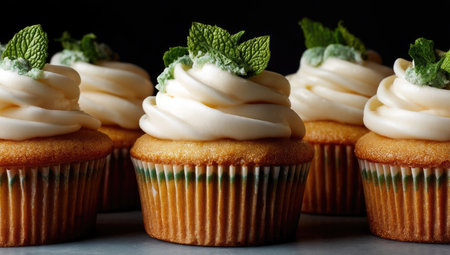 This image features several cupcakes with swirls of white frosting and garnished with fresh mint leaves. The golden-brown cupcake bases sit in paper liners. The composition showcases these treats on a dark surface, possibly indoors. It could be used for culinary projects or editorial content about desserts.の素材