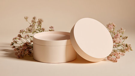 A cream-colored cosmetic jar with its lid sits beside dried floral arrangements. The image features soft lighting and a neutral color palette, emphasizing natural textures and a minimalist aesthetic. This composition is suitable for showcasing product packaging, beauty or wellness concepts, and related commercial projects.の素材