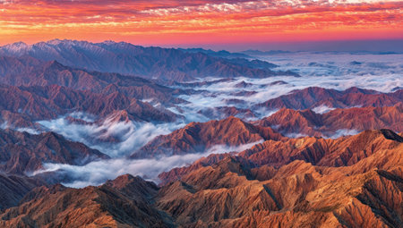 An aerial perspective showcases a vast mountain range under a colorful sunset. The scene features layered mountain peaks with a texture of shadows and highlights. Wisps of clouds drift through valleys, illuminated by orange, pink, and blue hues. Suitable for illustrating landscape, travel, or environmental themes.の素材