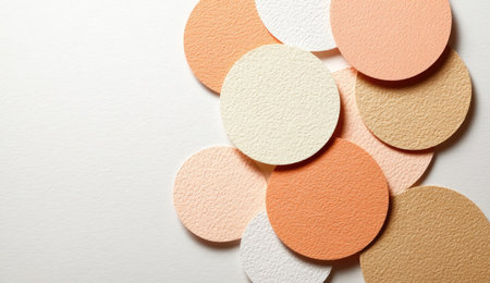 An overhead view displays multiple cosmetic sponges in various colors against a white backdrop. The sponges are arranged in a circular formation, exhibiting shades of beige, peach, and brown. The composition features a clean, simple aesthetic suitable for product presentation and commercial applications. The lighting is diffused, casting soft shadows.の素材