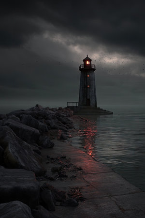 A lighthouse stands tall on a rocky outcropping next to calm waters beneath a dramatic sky. The scene is dominated by cool tones with a few touches of warm light. The image features a composition that could be suitable for editorial or commercial applications.の素材