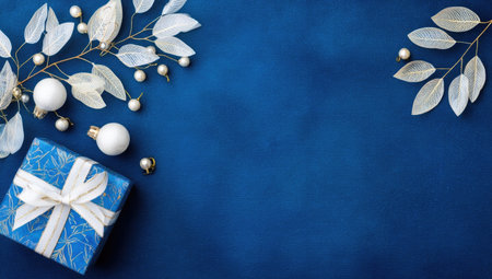 A close-up view displays a blue gift box with a white ribbon, accompanied by white decorative baubles and a floral arrangement with white leaves. The objects rest on a deep blue surface. The overhead composition uses natural lighting, creating shadows suitable for various commercial purposes.の素材
