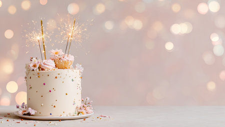 A beautifully decorated birthday cake is the focal point, adorned with sparklers and delicate flowers. The scene is bathed in soft, warm light, creating a dreamy atmosphere. The composition includes a blurred bokeh background, enhancing the celebratory mood. Ideal for use in projects related to celebrations and special events.の素材