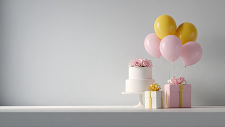 A birthday celebration scene presents a tiered cake adorned with flowers, alongside floating balloons and wrapped gifts. The composition features a neutral white backdrop, allowing focus on the soft pink and yellow color palette. The image conveys a celebratory atmosphere, suitable for various commercial uses such as advertising and promotional materials.の素材