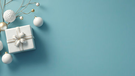 A top-down composition displays a wrapped gift box and decorative ornaments. The image features a bright blue backdrop with white and gold accents. The design suggests celebration, with soft lighting and a minimalist style. Suitable for commercial projects, promotional materials, or festive seasonal content.の素材