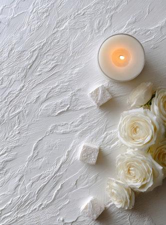This image showcases a candle with a warm glow next to a cluster of white roses and white square sweets. The objects rest upon a textured white surface, with overhead lighting. Suitable for uses related to wellness, home decor, or conceptual beauty themes. Can be used for various editorial or commercial projects.の素材