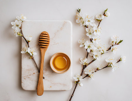 An overhead shot presents a marble slab with a wooden honey spoon and small bowl of honey. Delicate white blossoms and their green stems are arranged around these elements. The composition features soft lighting and neutral colors. This image is suitable for various commercial uses, including advertising and editorial content.の素材