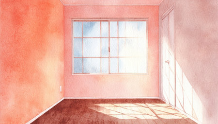 An interior rendering depicts an empty room bathed in sunlight. Pink walls surround a window with a view of a bright sky. The scene is illuminated by strong natural light, casting shadows across the floor. This image could be used for various commercial or editorial purposes.の素材