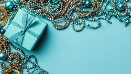 A turquoise gift box rests amidst a collection of gold and silver beaded necklaces against a matching turquoise backdrop. The overhead composition features a variety of textures and tones. The image could be used for advertising, promotional materials, or other commercial purposes. The scene evokes a sense of luxury and celebration.の素材