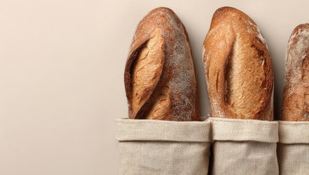 Close-up of several baguettes in simple paper bags set against a beige backdrop. The bread displays a golden-brown crust with textural details, complemented by the neutral tones of the paper and background. This composition offers a clean aesthetic, ideal for food-related projects and commercial advertising.の素材