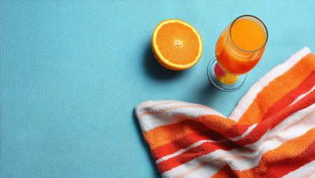 A top-down shot showcases a glass of orange juice, a halved orange, and a striped towel on a bright blue surface. The composition is simple, featuring natural lighting and vibrant colors. Suitable for commercial or editorial applications, the image evokes refreshment and relaxation.の素材