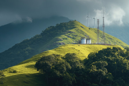 This image showcases a vibrant green mountain range under a partially cloudy sky. The composition features communication towers atop one peak and lush vegetation throughout. The lighting creates a contrast between light and shadow. Ideal for various commercial and editorial applications.の素材