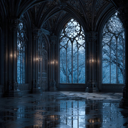 An interior shot features a cathedral-like space with large arched windows offering a view of a winter landscape. The architecture is detailed with dark, textured stone and ornate carvings. Reflections on a wet floor add visual depth. Suitable for historical themes, fantasy settings, and conceptual visuals.の素材
