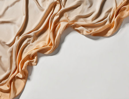 A top-down composition shows flowing fabric in shades of peach and beige. The fabric exhibits a soft, glossy texture with intricate folds, creating shadows and highlights. The arrangement suggests a studio setting with diffused lighting against a clean white backdrop. Suitable for artistic backgrounds or visual marketing materials.の素材