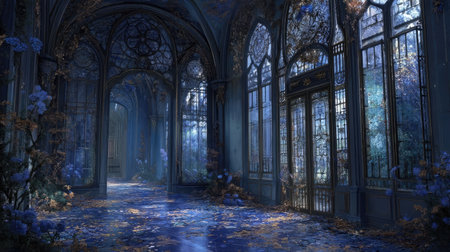 An interior shot showcases a grand hallway featuring arched architecture and numerous tall windows. The color palette is dominated by blues and purples, creating a cool atmosphere. Overhead lighting casts shadows, highlighting textures and patterns. Suitable for commercial or editorial applications, the image suggests themes of heritage and design.の素材