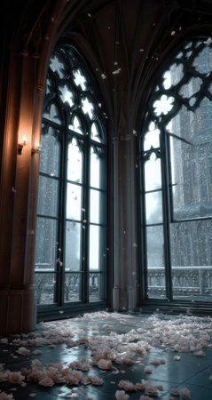 An interior shot captures a gothic window scene with falling snow. The composition showcases detailed architectural elements and elegant window frames. The color palette includes cool tones and textures. This image can be used for editorial content or design projects. The setting is likely indoors.の素材