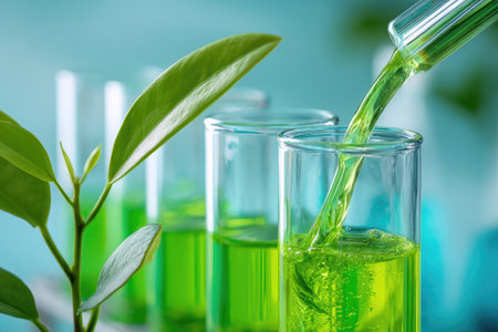 The image showcases a green liquid being carefully dispensed into a glass test tube. The composition highlights laboratory glassware and vibrant green hues. A close-up view includes plant leaves, emphasizing the connection with nature. This image could be utilized in scientific publications or for promotional purposes.の素材