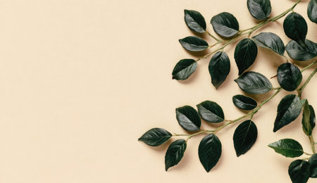 Close-up of vibrant green leaves arranged against a soft beige backdrop, creating a minimalist composition. The leaves exhibit a glossy texture with variations in tone, while the background offers ample copy space. This image is well-suited for diverse commercial purposes, including website design and print materials.の素材